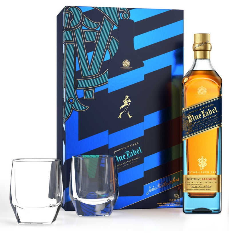 Engraved Johnnie Walker Blue Label Gift Box With Two Crystal Glasses 750ml